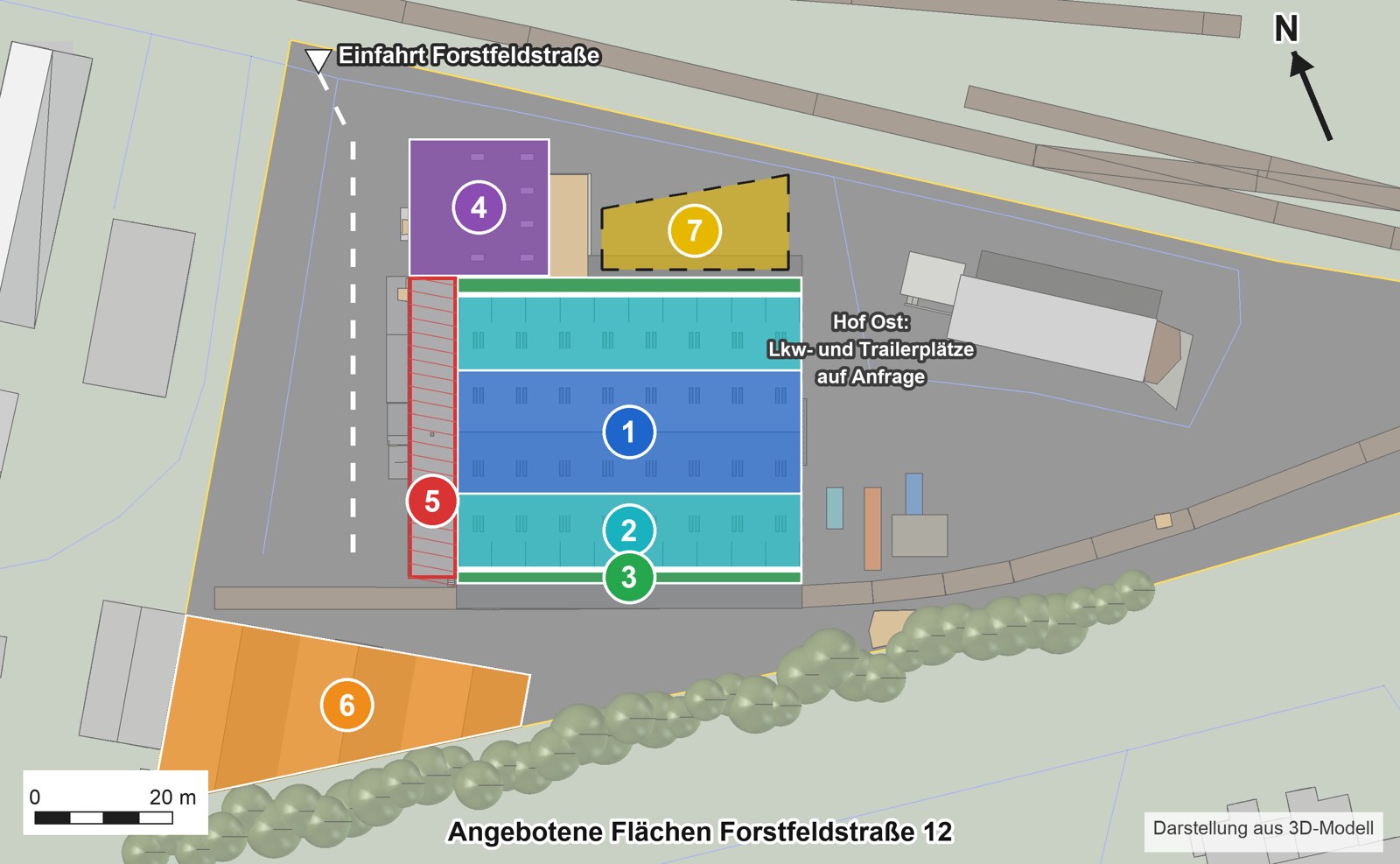Lageplan mit den angebotenen Flächen und der Einfahrt an der Forstfeldstraße