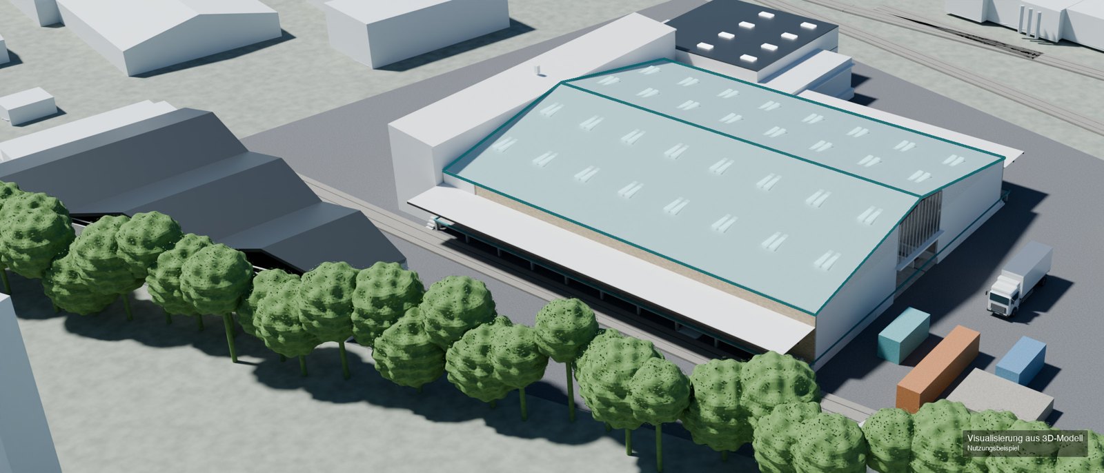 Visualisierung: das Gelände FORSTFELD 12 von oben, die Halle ist markiert