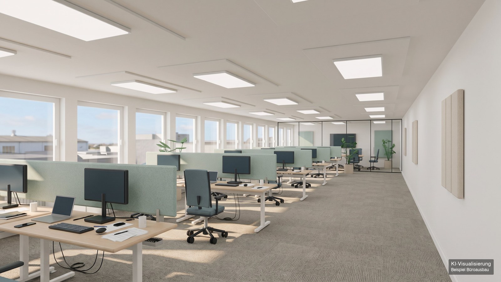 KI-Visualisierung: Büroetage im Bürogebäude mit Arbeitsplätzen und Besprechungsraum