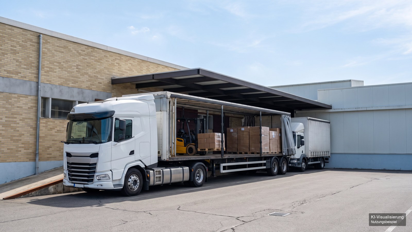 KI-Visualisierung: Sattelzug und Lkw längs an der überdachten Rampe, ein Stapler belädt den Auflieger